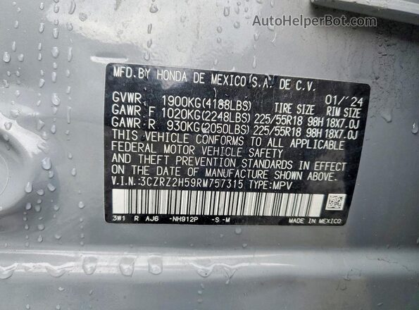 3CZRZ2H59RM757315 2024 HONDA HR-V Gray Widok naklejki z numerem VIN