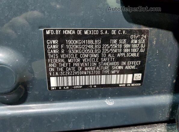 3CZRZ2H59RM763700 2024 HONDA HR-V Teal Widok naklejki z numerem VIN