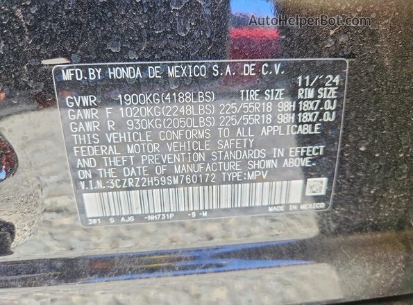 3CZRZ2H59SM760172 2025 HONDA HR-V Black VIN sticker view