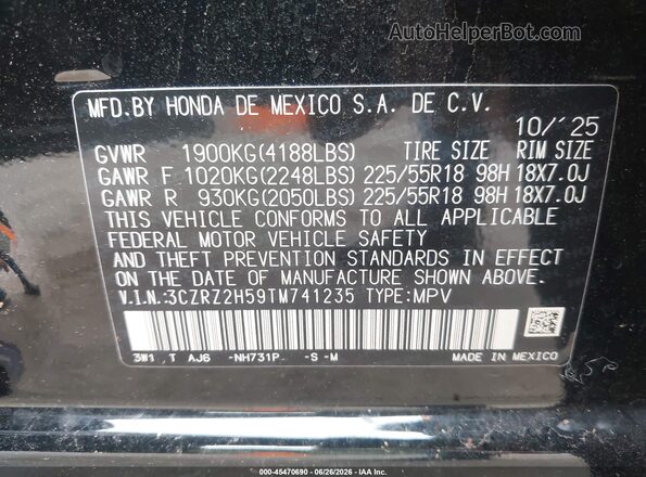 3CZRZ2H59TM741235 2026 HONDA HR-V Черный Вид подкапотного пространства