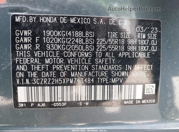 3CZRZ2H5XPM743484 2023 HONDA HR-V Blue Вид підкапотного простору