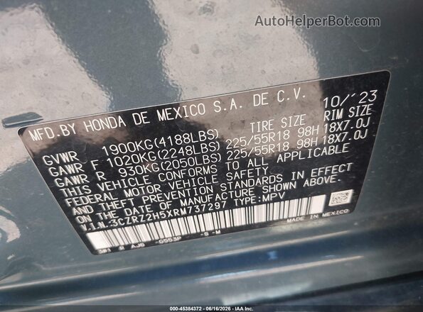 3CZRZ2H5XRM737297 2024 HONDA HR-V Blue Вид підкапотного простору