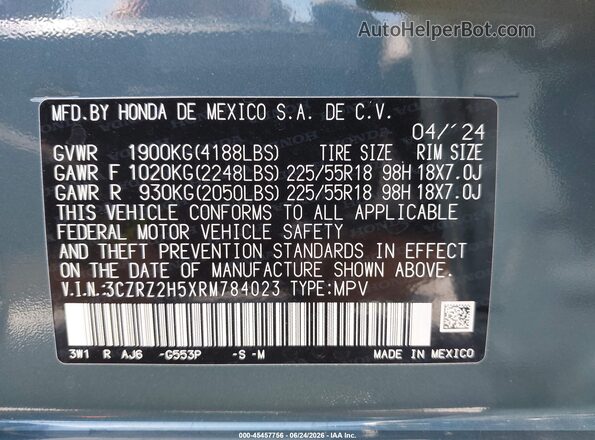 3CZRZ2H5XRM784023 2024 HONDA HR-V Blue Vista del compartimento del motor