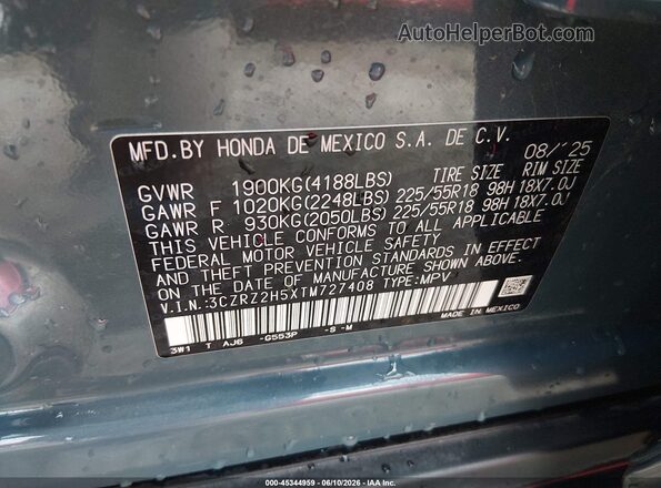 3CZRZ2H5XTM727408 2026 HONDA HR-V Gray Engine compartment view