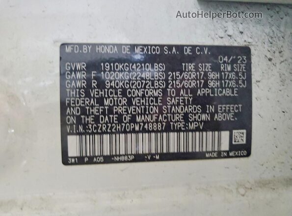 3CZRZ2H70PM748887 2023 HONDA HR-V White Widok naklejki z numerem VIN
