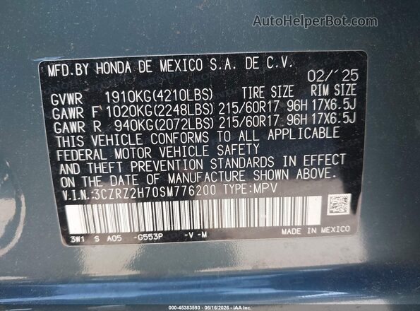 3CZRZ2H70SM776200 2025 HONDA HR-V Blue ძრავის განყოფილების ხედი