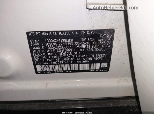 3CZRZ2H70TM744641 2026 HONDA HR-V White Engine compartment view