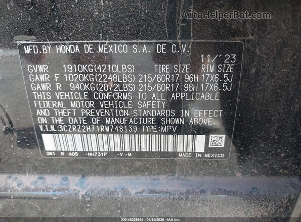 3CZRZ2H71RM748139 2024 HONDA HR-V Black Շարժիչի բաժամունքի տեսք