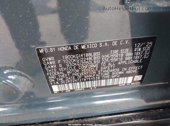 3CZRZ2H72TM754538 2026 HONDA HR-V Blue Engine compartment view