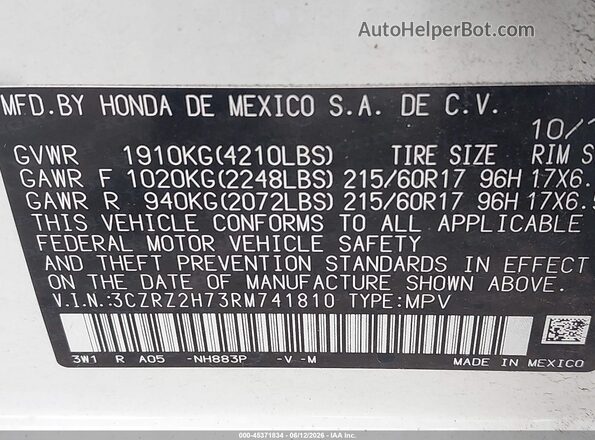 3CZRZ2H73RM741810 2024 HONDA HR-V White Vista del compartimento del motor