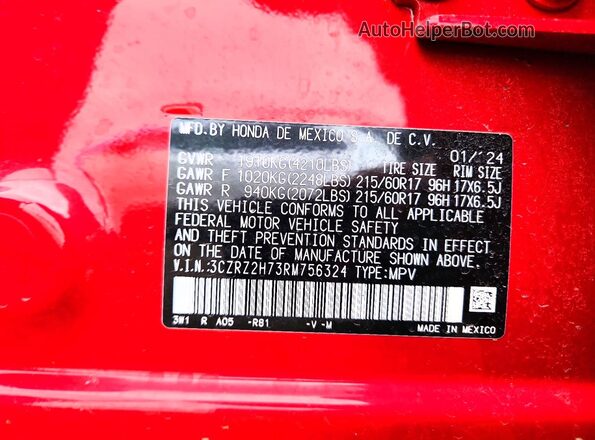 3CZRZ2H73RM756324 2024 HONDA HR-V Красный Вид наклейки с VIN-кодом