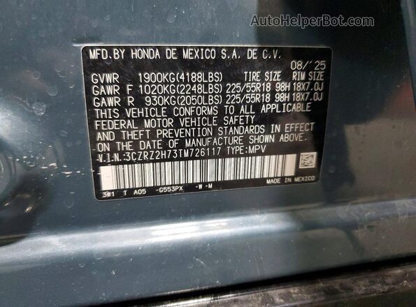 3CZRZ2H73TM726117 2026 HONDA HR-V Teal Vista de la etiqueta del VIN