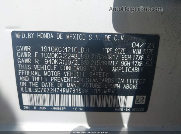 3CZRZ2H74RM781586 2024 HONDA HR-V White Widok komory silnika