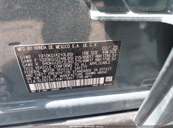3CZRZ2H74SM778807 2025 HONDA HR-V Blue Vista del compartimento del motor