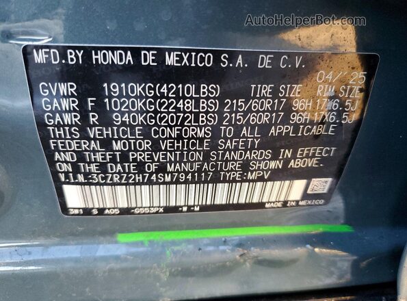 3CZRZ2H74SM794117 2025 HONDA HR-V Green VIN կոդի պիտակի տեսք