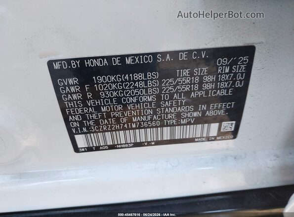 3CZRZ2H74TM736560 2026 HONDA HR-V White Engine compartment view