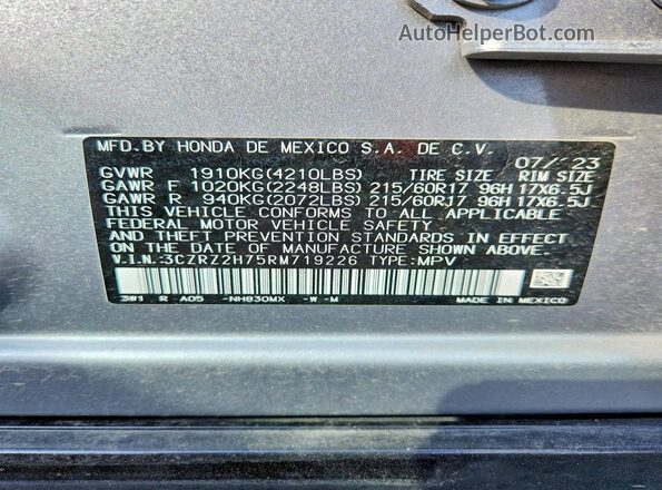 3CZRZ2H75RM719226 2024 HONDA HR-V Silver VIN sticker view