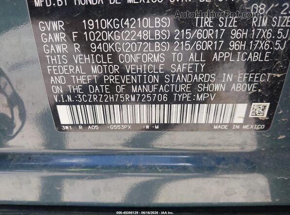 3CZRZ2H75RM725706 2024 HONDA HR-V Blue ძრავის განყოფილების ხედი