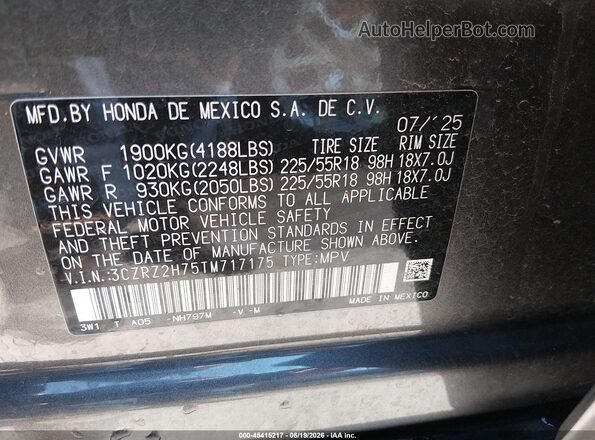 3CZRZ2H75TM717175 2026 HONDA HR-V Gray Engine compartment view