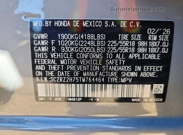 3CZRZ2H75TM764464 2026 HONDA HR-V Gray Widok naklejki z numerem VIN
