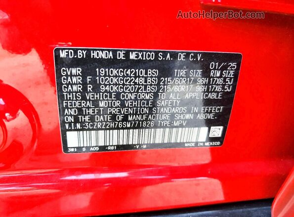 3CZRZ2H76SM771826 2025 HONDA HR-V Red 