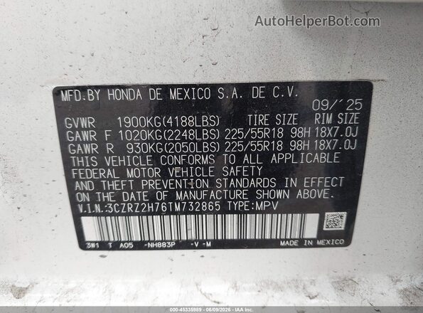 3CZRZ2H76TM732865 2026 HONDA HR-V White 