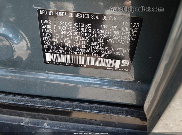 3CZRZ2H77RM733290 2024 HONDA HR-V Light Blue Вид подкапотного пространства