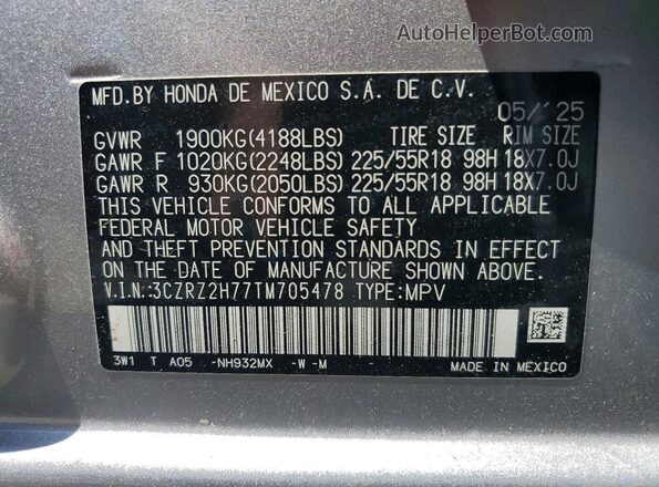 3CZRZ2H77TM705478 2026 HONDA HR-V Серебряный Вид наклейки с VIN-кодом
