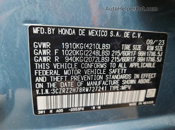 3CZRZ2H78RM727241 2024 HONDA HR-V Teal 