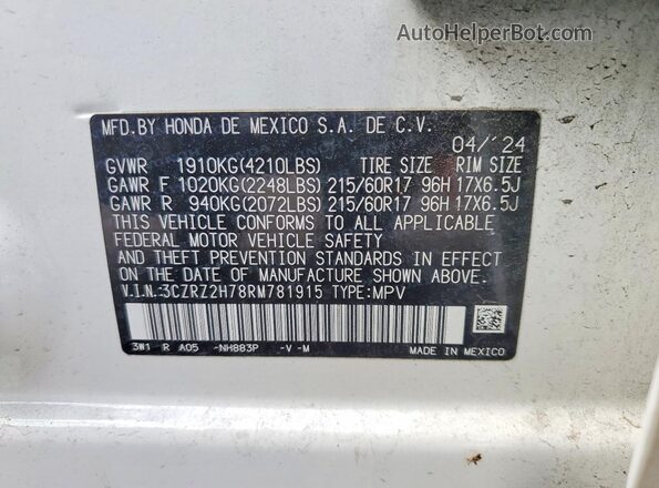 3CZRZ2H78RM781915 2024 HONDA HR-V White Vista de la etiqueta del VIN