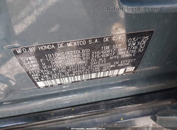 3CZRZ2H78SM787283 2025 HONDA HR-V Blue Շարժիչի բաժամունքի տեսք