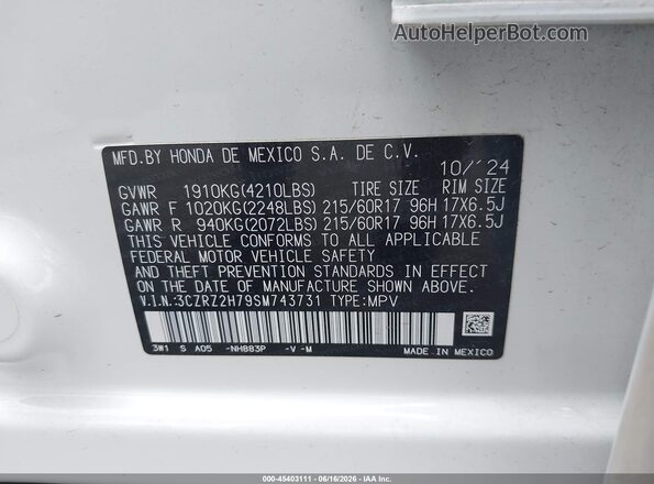 3CZRZ2H79SM743731 2025 HONDA HR-V White Widok komory silnika