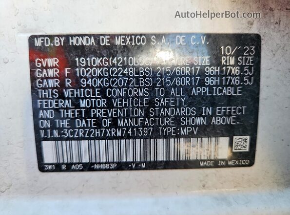 3CZRZ2H7XRM741397 2024 HONDA HR-V White Engine compartment view