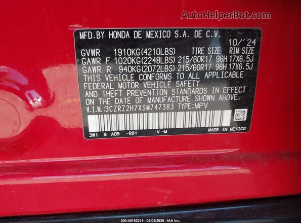 3CZRZ2H7XSM747383 2025 HONDA HR-V Red ძრავის განყოფილების ხედი