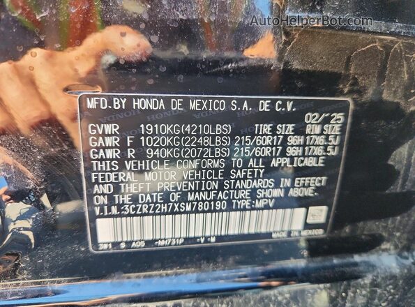 3CZRZ2H7XSM780190 2025 HONDA HR-V Black Շարժիչի բաժամունքի տեսք