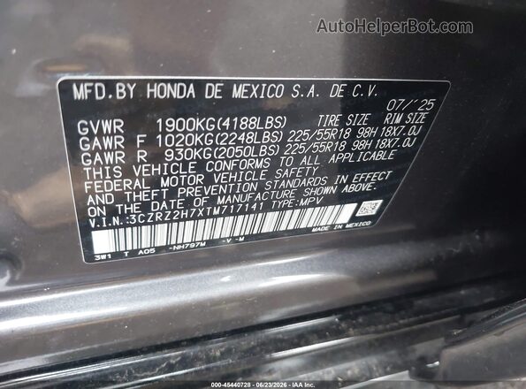 3CZRZ2H7XTM717141 2026 HONDA HR-V Gray Engine compartment view
