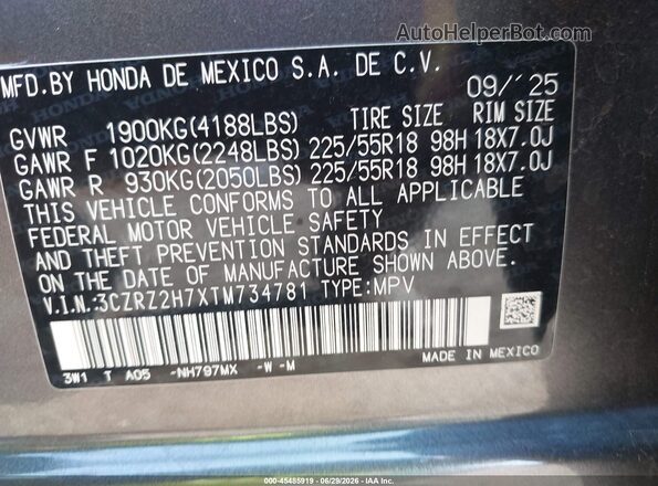 3CZRZ2H7XTM734781 2026 HONDA HR-V Gray Շարժիչի բաժամունքի տեսք
