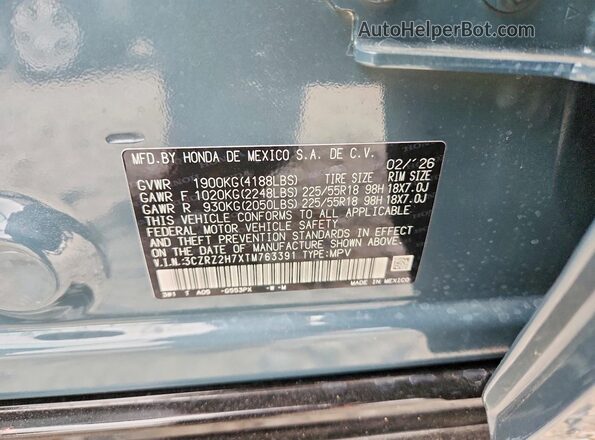 3CZRZ2H7XTM763391 2026 HONDA HR-V Blue VIN sticker view