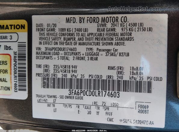 3FA6P0CD0LR174603 2020 FORD FUSION Gray 