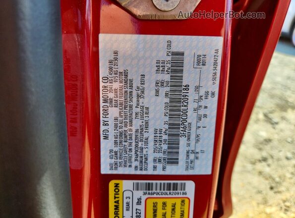 3FA6P0CD0LR209186 2020 FORD FUSION Red 