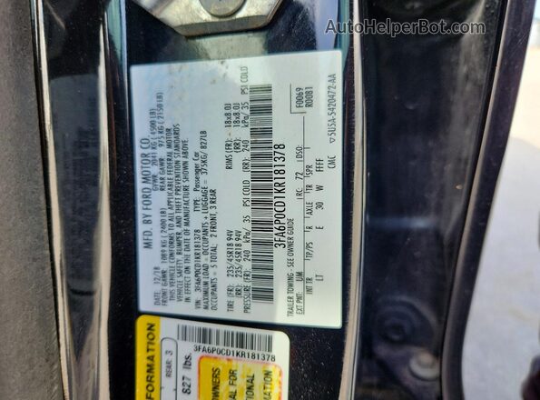 3FA6P0CD1KR181378 2019 FORD FUSION Black ძრავის განყოფილების ხედი
