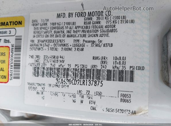3FA6P0CD2LR137875 2020 FORD FUSION White Engine compartment view