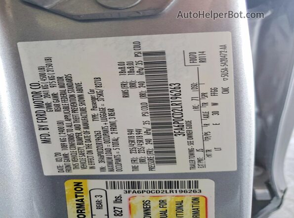 3FA6P0CD2LR196263 2020 FORD FUSION Silver 