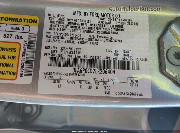 3FA6P0CD2LR206404 2020 FORD FUSION Серебряный Вид подкапотного пространства