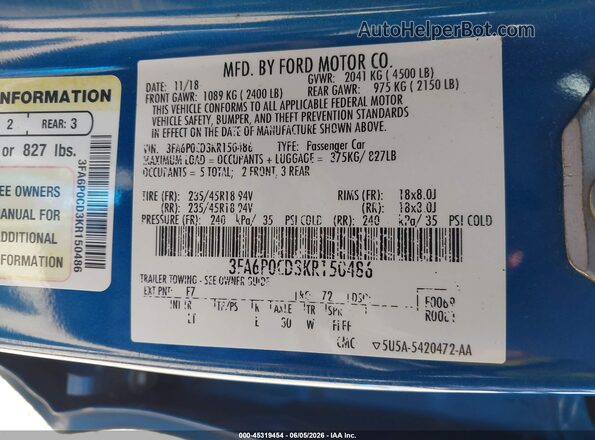 3FA6P0CD3KR150486 2019 FORD FUSION Blue Widok komory silnika