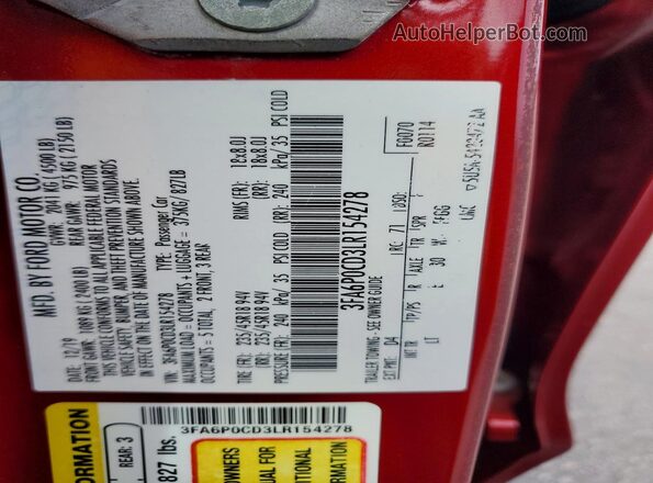 3FA6P0CD3LR154278 2020 FORD FUSION Красный Вид подкапотного пространства