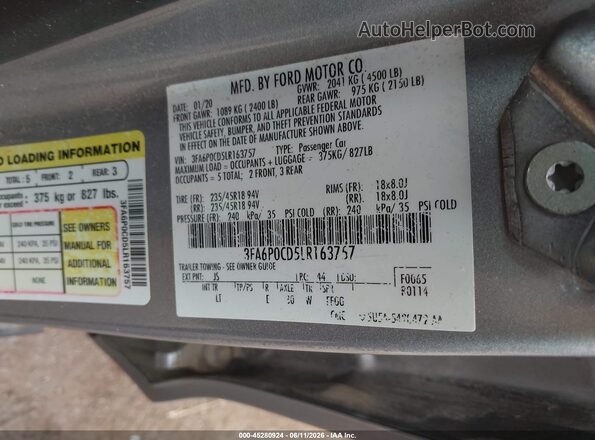 3FA6P0CD5LR163757 2020 FORD FUSION Silver Շարժիչի բաժամունքի տեսք
