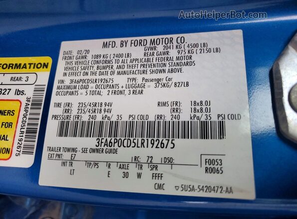 3FA6P0CD5LR192675 2020 FORD FUSION Blue VIN կոդի պիտակի տեսք