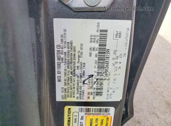 3FA6P0CD6KR181599 2019 FORD FUSION Gray ძრავის განყოფილების ხედი