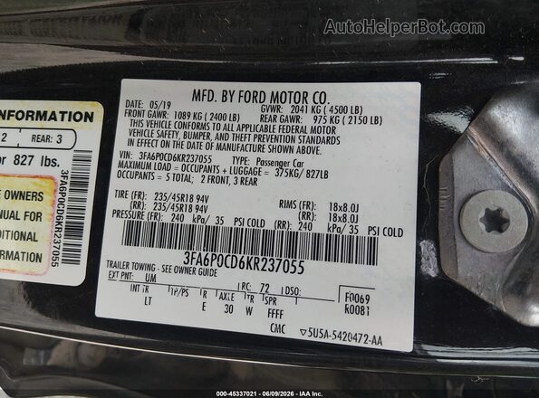 3FA6P0CD6KR237055 2019 FORD FUSION Black Вид підкапотного простору